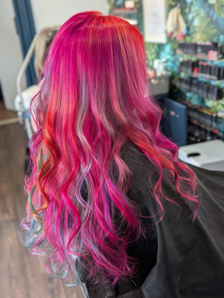 Creative rainbow hair colour at Amy Walker Hair salon in Rugby, Warwickshire
